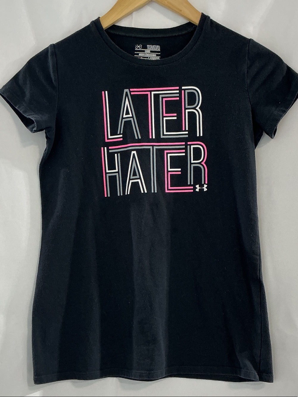 Under Armour Black Tee with Pink & White "LATER HATER" Graphic